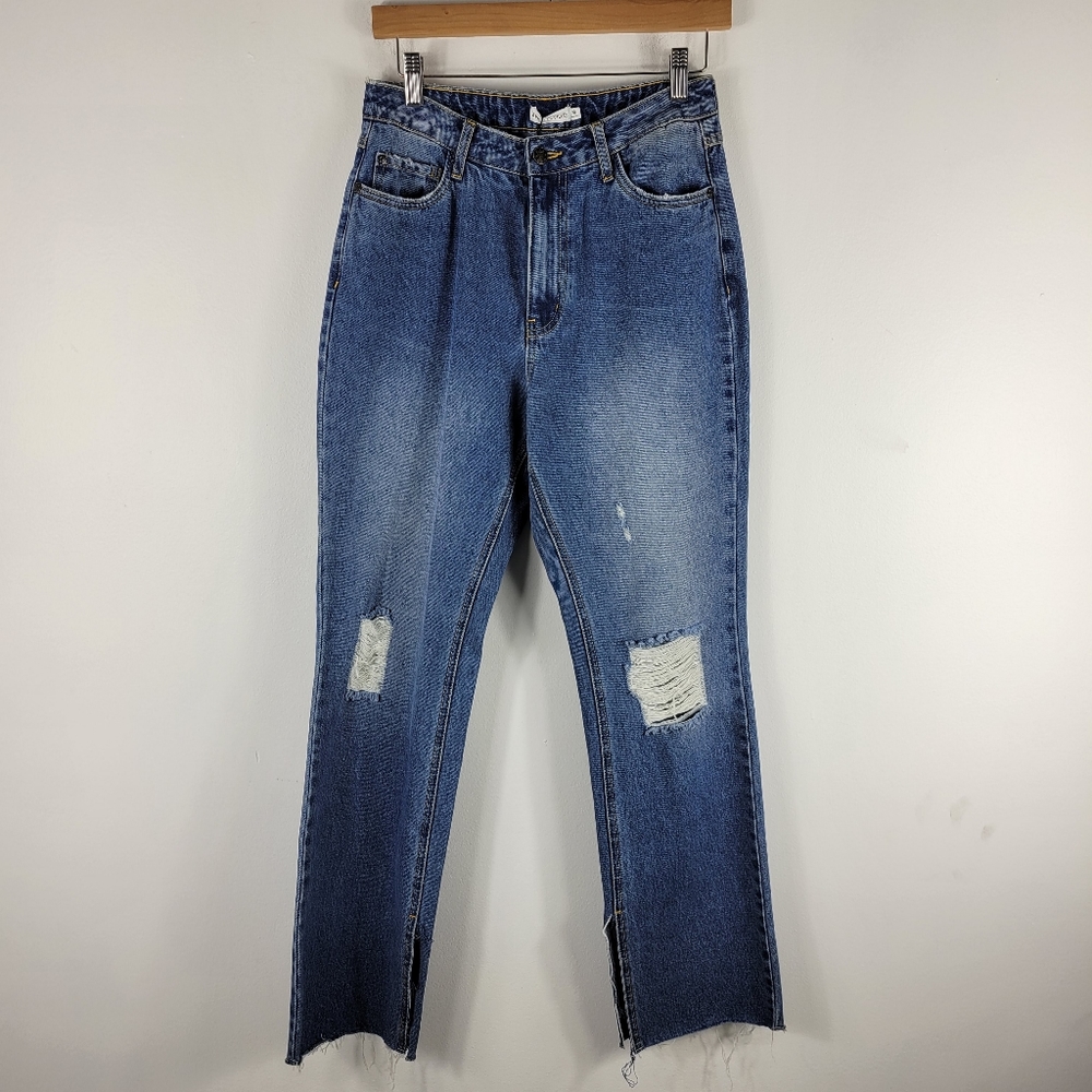New Avec Les Filles High Waist Distressed Straight Leg Split Hem Raw Hem Jeans - Picture 1 of 13